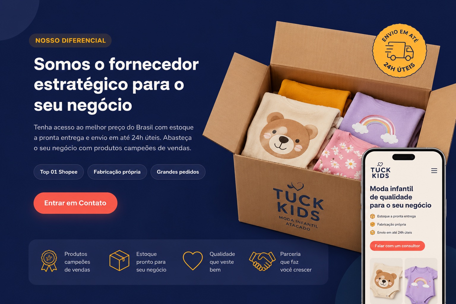 Somos o fornecedor estratégico para o seu negócio — Tuck Kids, moda infantil no atacado, envio em até 24h úteis